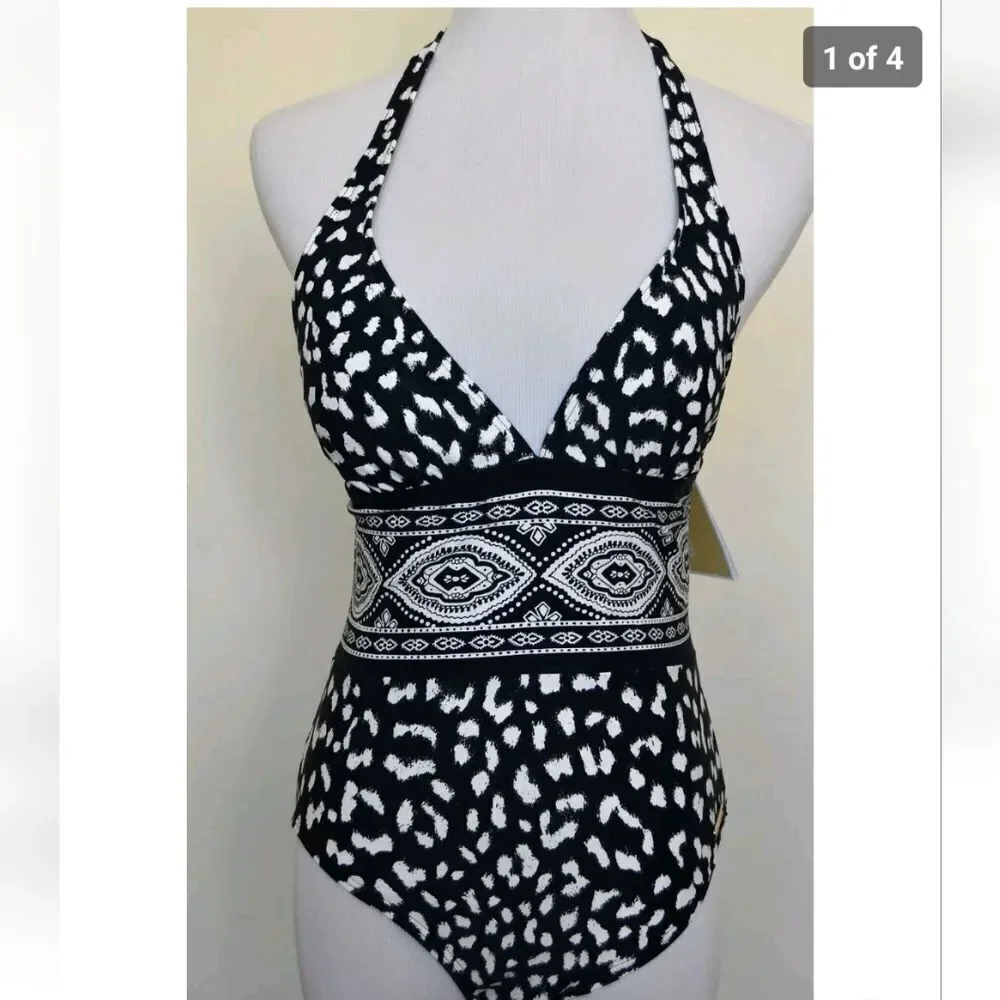 Michael Kors halter Navy/white women's size 10 one piece smooth shaper swimsuit